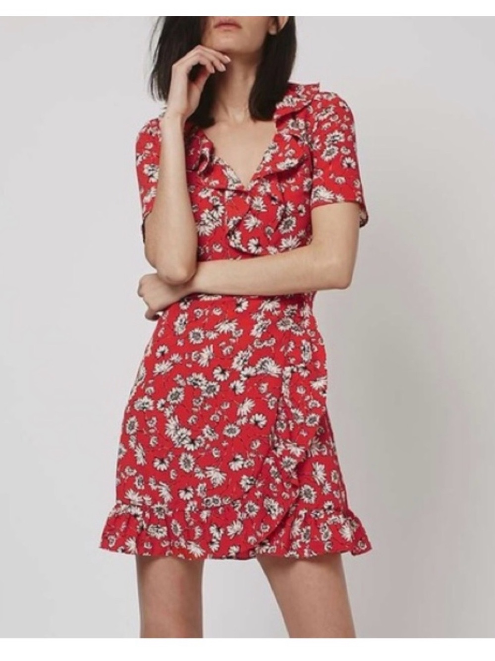 Topshop Red Floral Ruffle Wrap Mini Dress